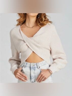 525 America Cream Off-the-Shoulder Twist Front Crop Sweater size S